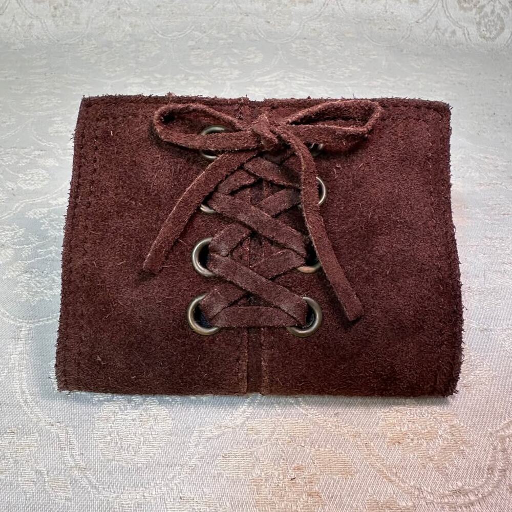 Brown Suede Lace-Up Tri-Fold Wallet NEW